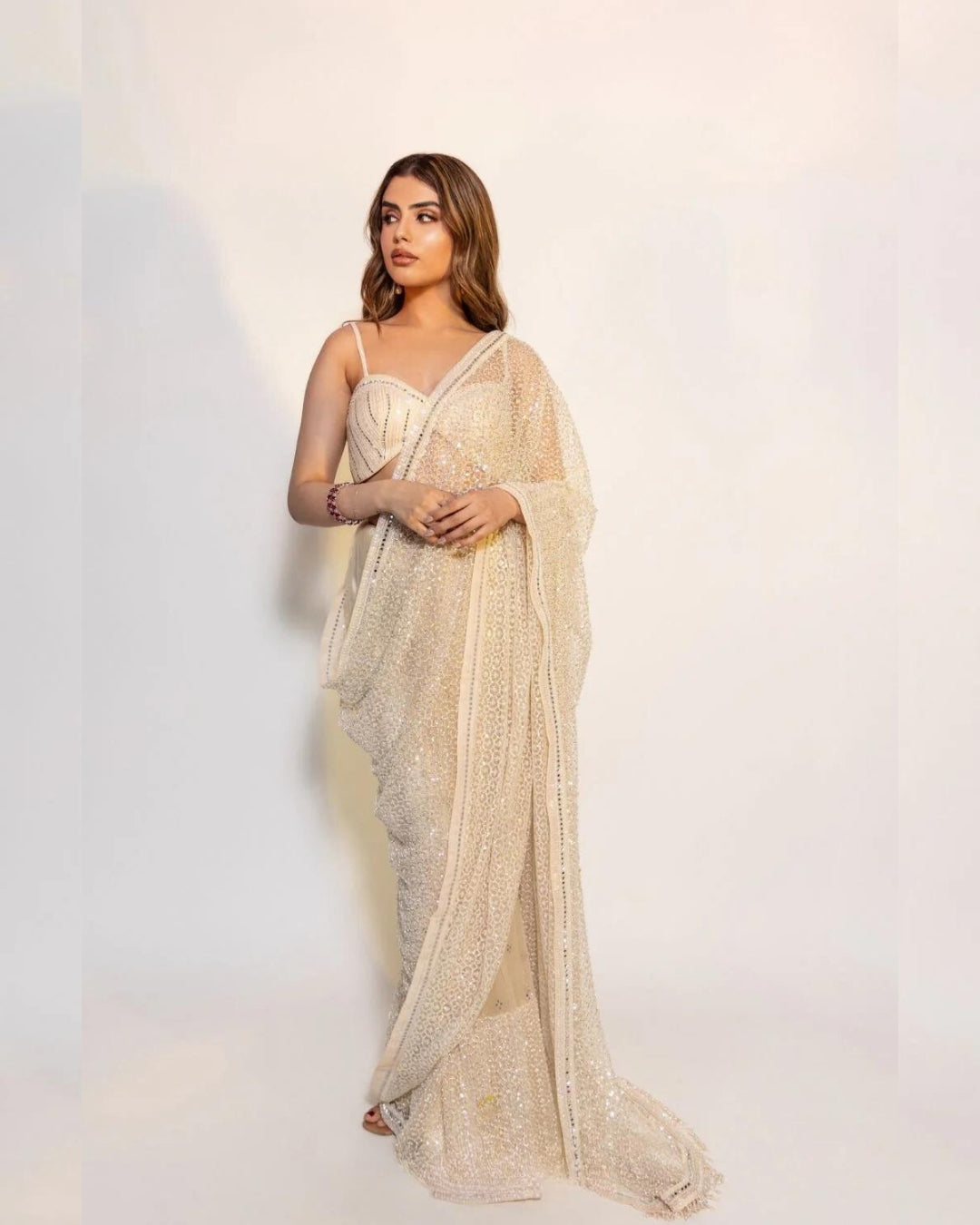 Muskan Chanana Ivory Cutdana Work Saree | Elegant and Radiant Ethnic Wear