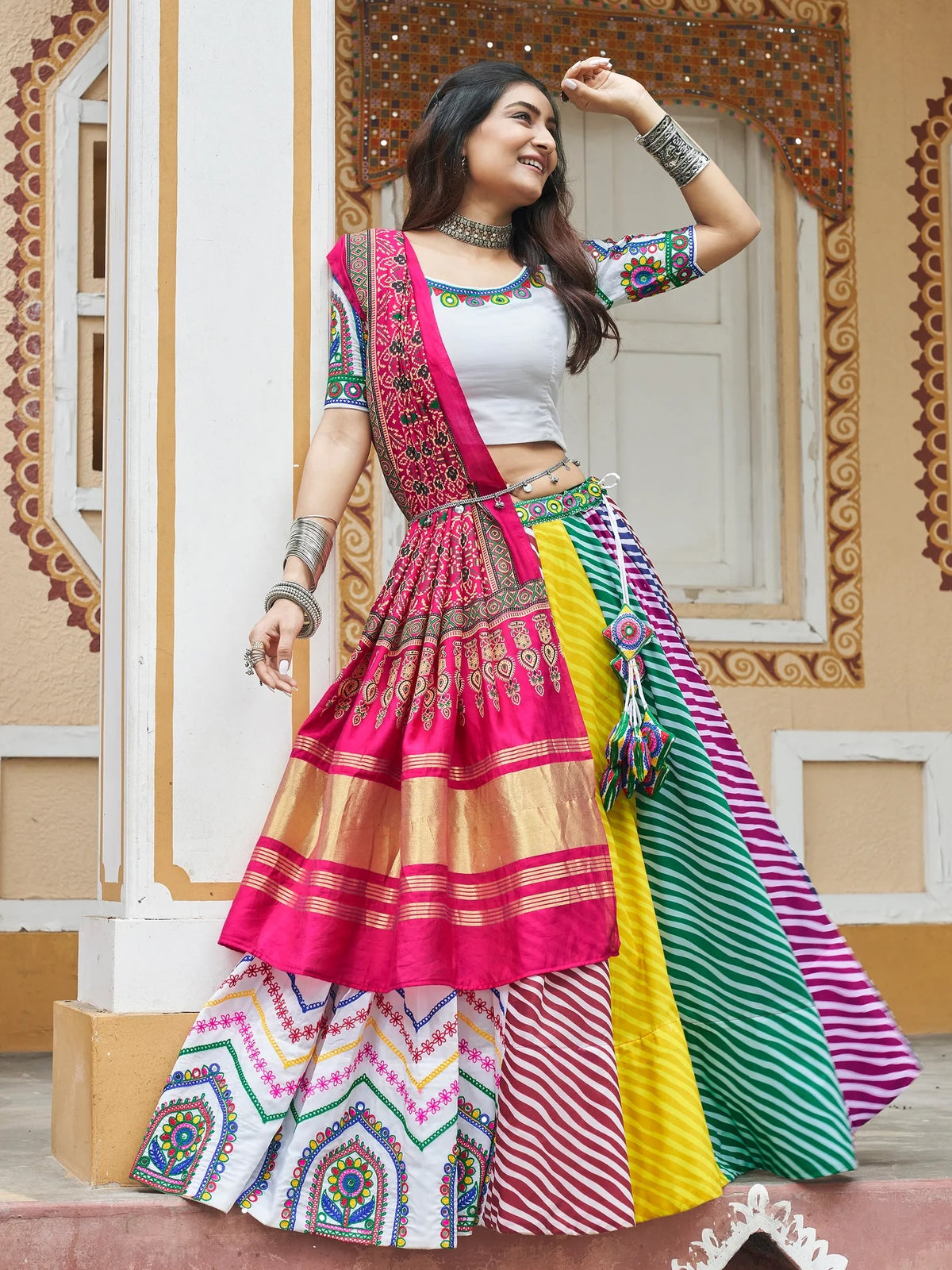 Enchanting White Digital Printed Cotton Navratri Lehenga Choli