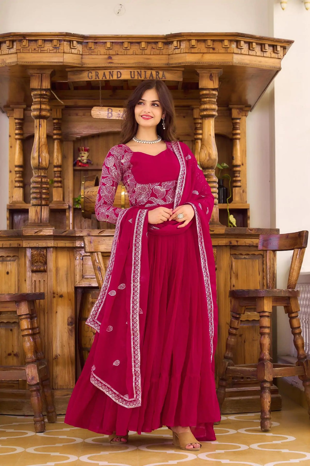 Majestic Maroon Fox Georgette Gown with Sequence Embroidery