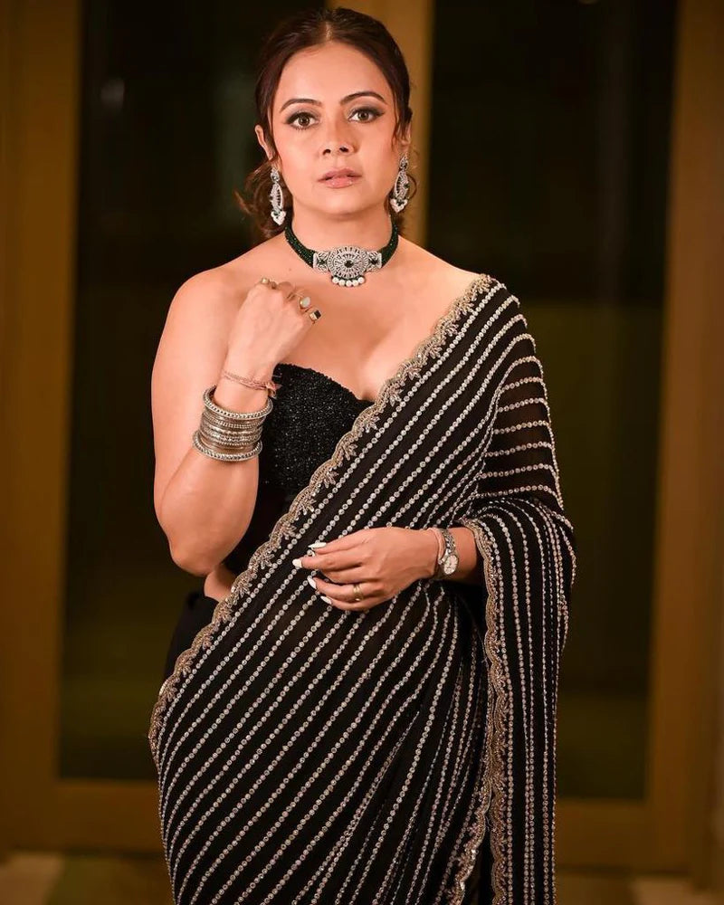 Devoleena Looks in Black Georgette Sequence Saree