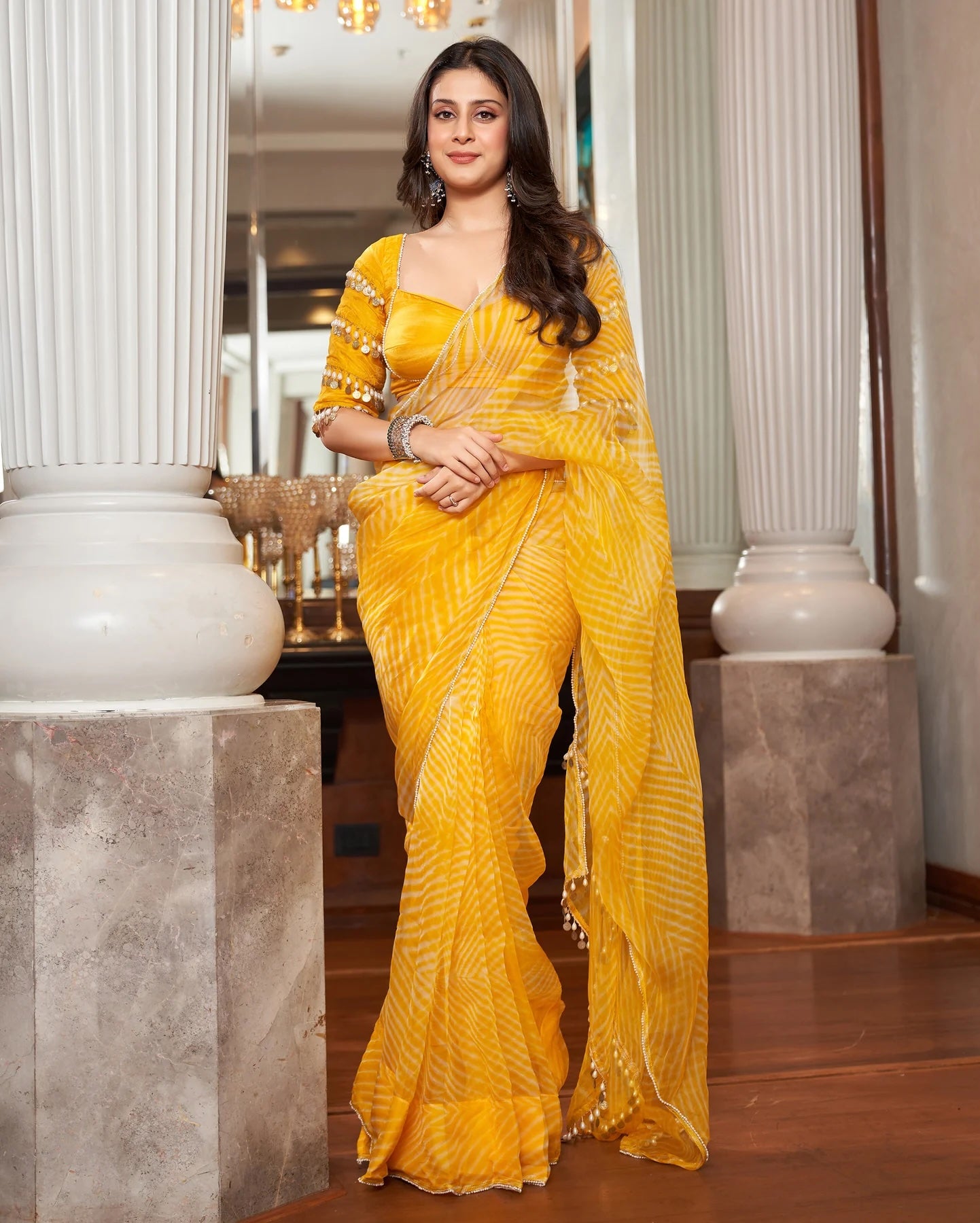 Agni Yellow Leheriya Organza Pre-Draped Saree