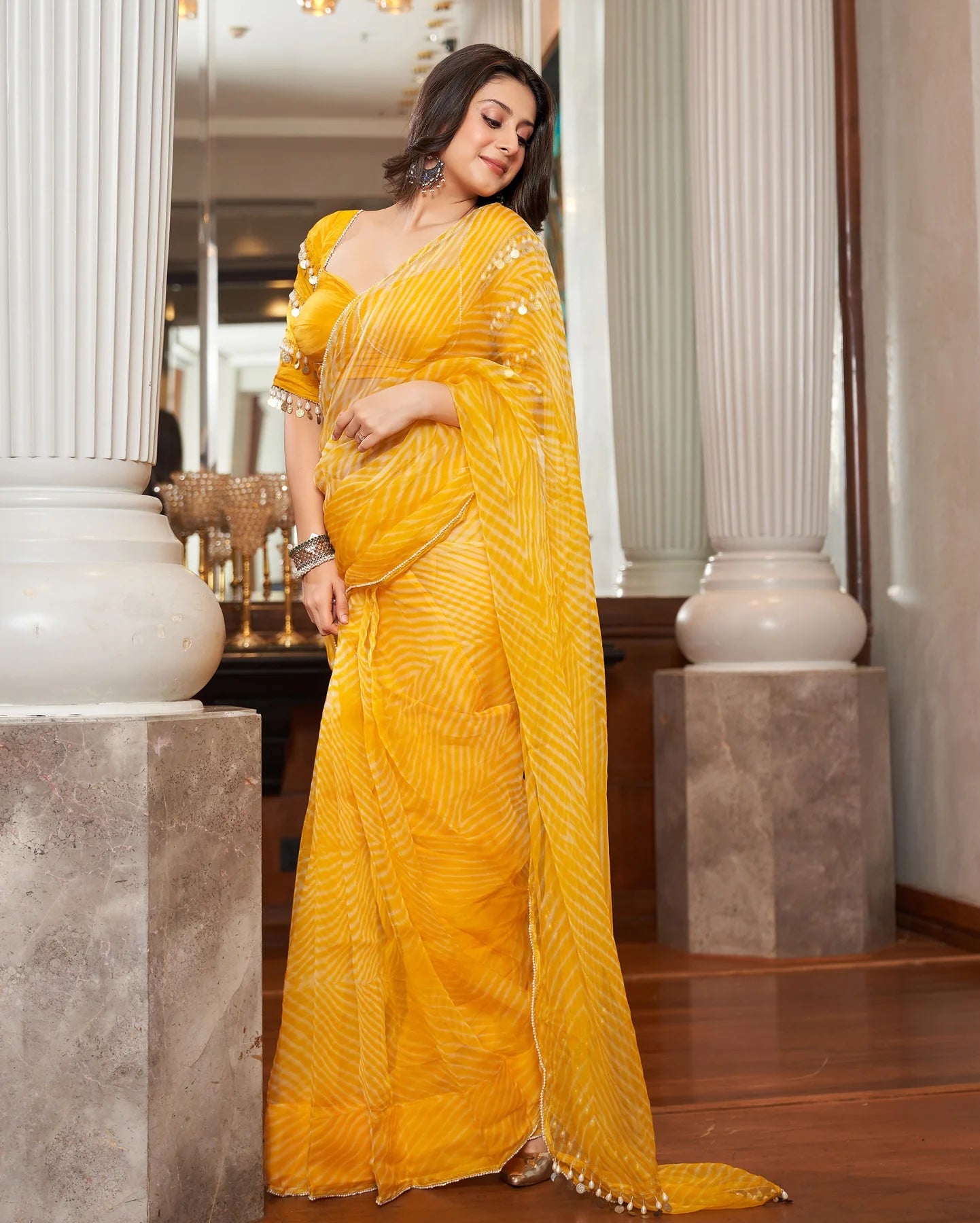 Agni Yellow Leheriya Organza Pre-Draped Saree