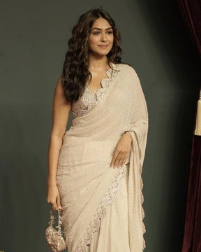 Mrunal Thakur - Ivory Georgette Saree - Hand Embroidered Zardozi Leela Resham Design