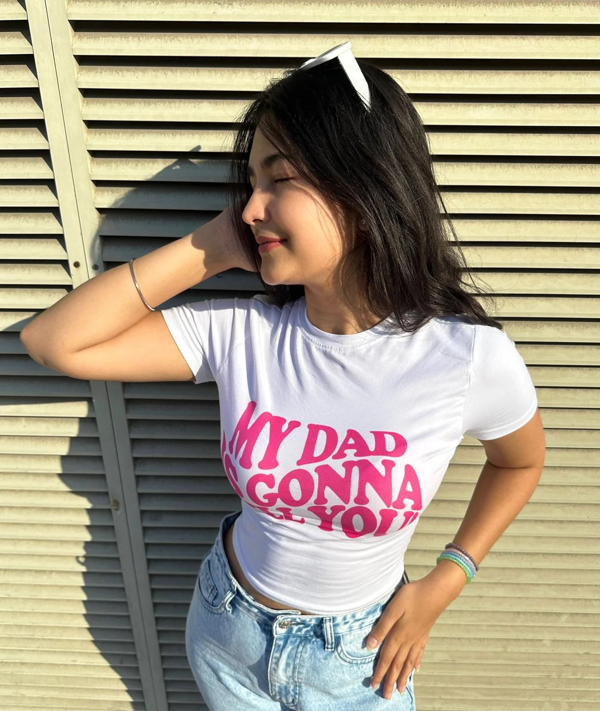 Bold 'Dad is Gonna Kill You' White Baby Tee – Playful Design & Chic Statement