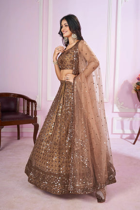 Alluring Brown Sequins Net Bridesmaid Lehenga Choli with Dupatta