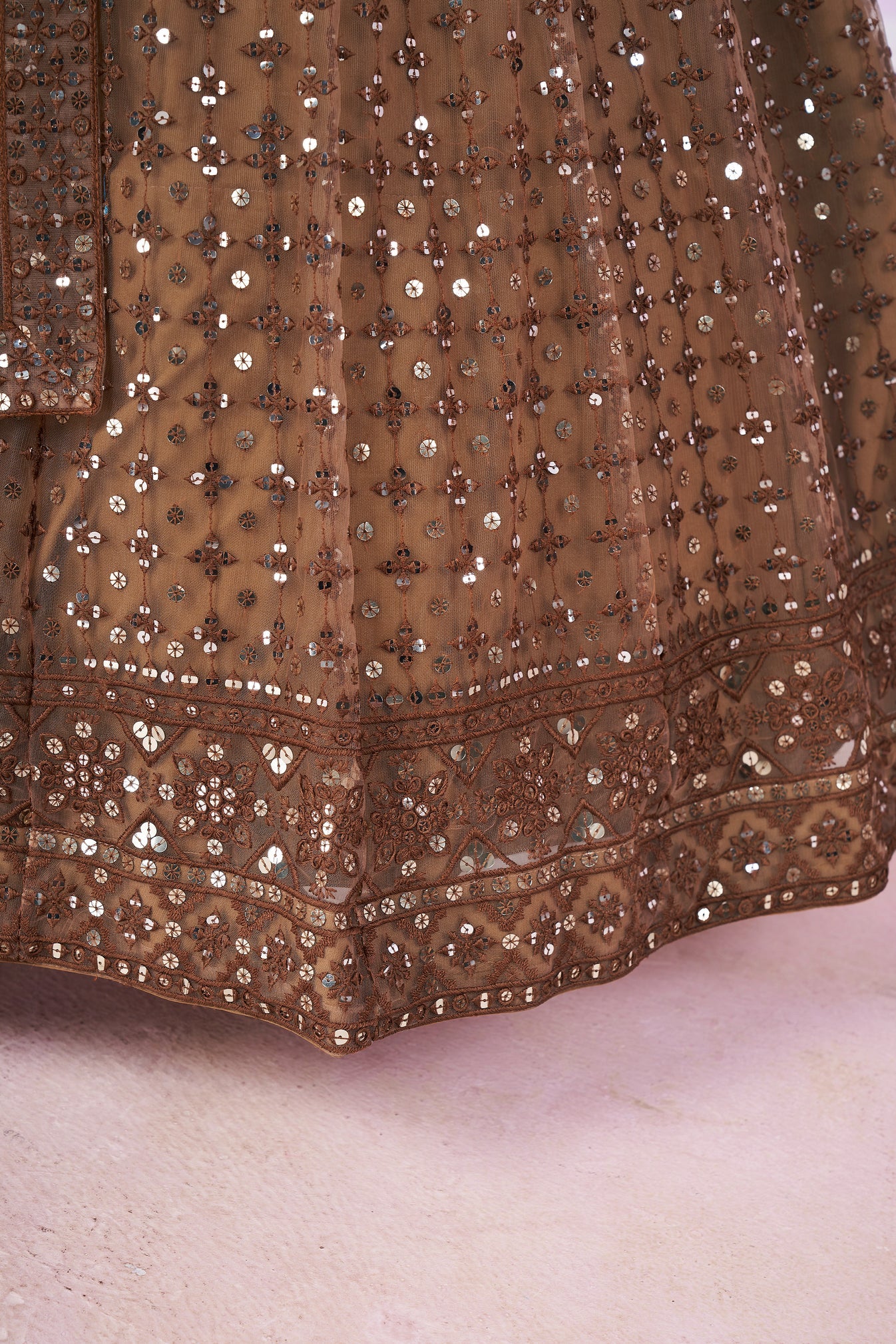 Alluring Brown Sequins Net Bridesmaid Lehenga Choli with Dupatta