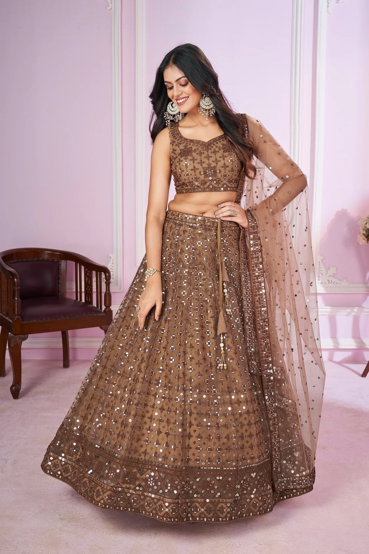 Alluring Brown Sequins Net Bridesmaid Lehenga Choli with Dupatta