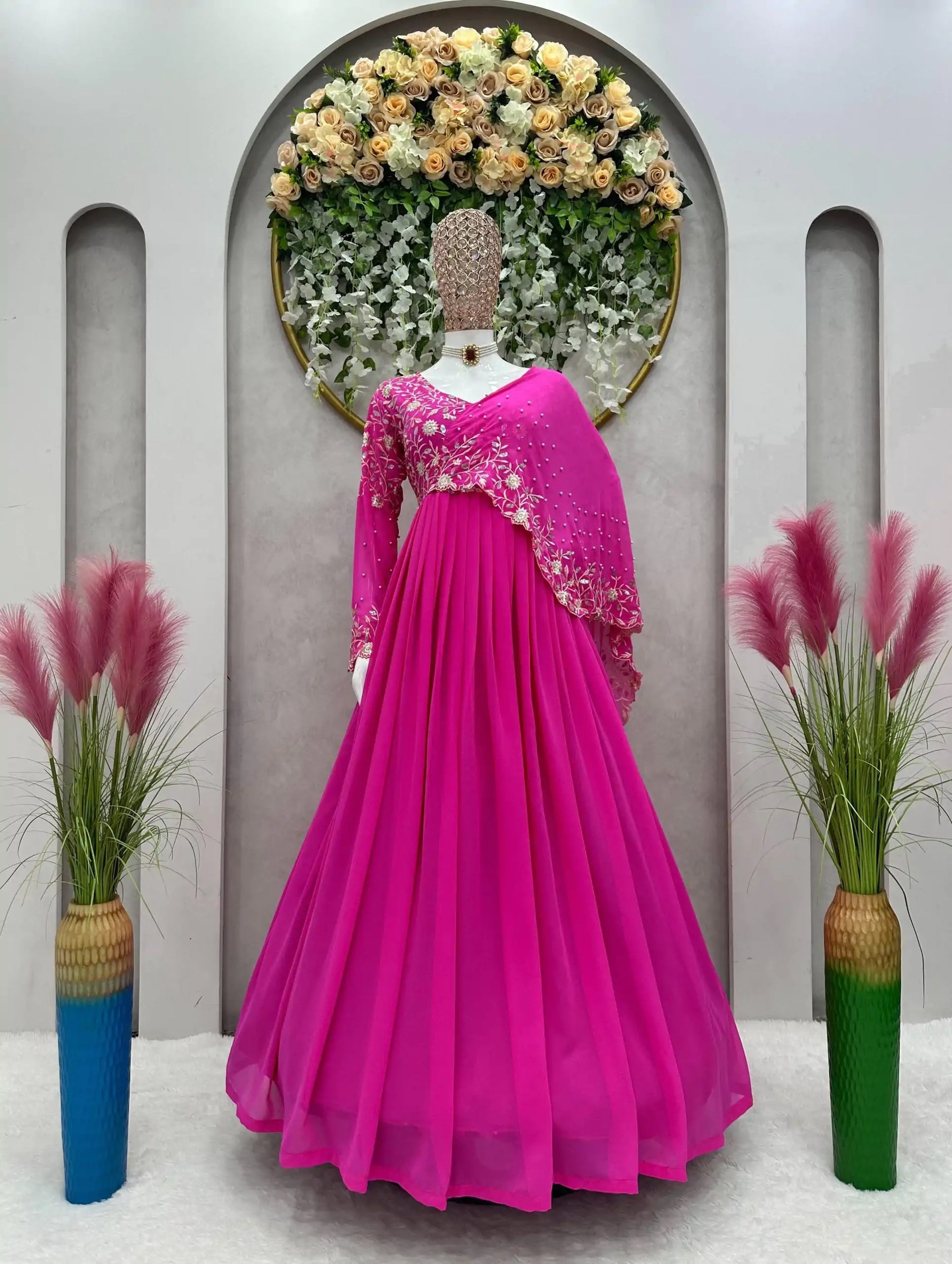 Dazzling Pink Faux Georgette Gown with Thread and Sequence