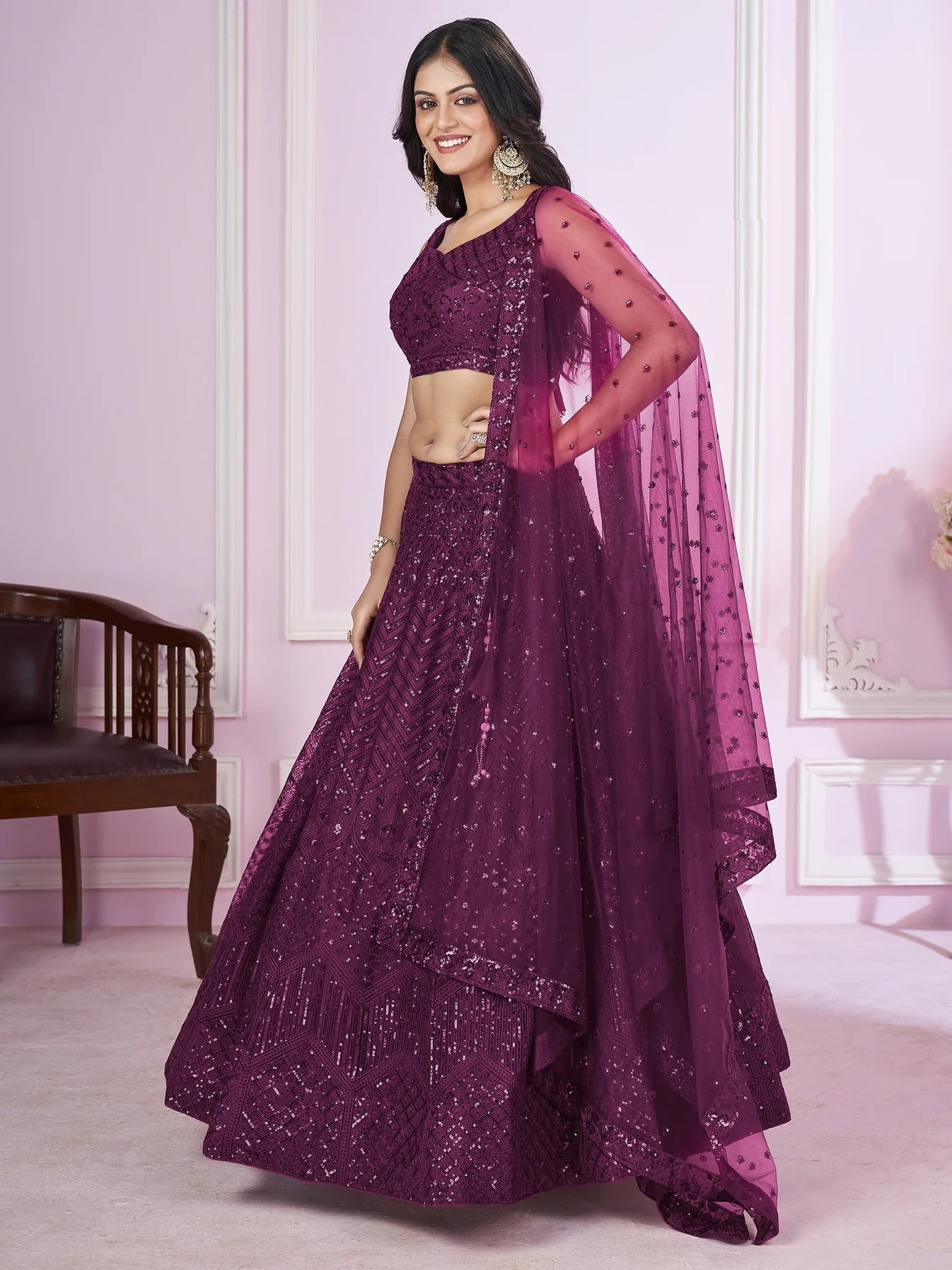 Gorgeous Purple Sequins Net Designer Lehenga Choli with Dupatta