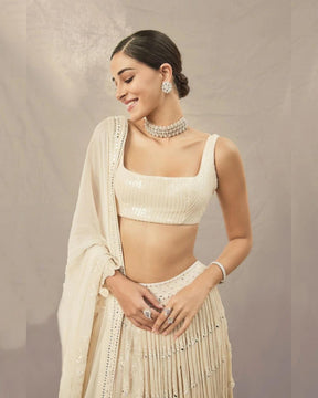 Ananya Panday Beige Paani Sequins Mirror Booti Lehenga | Glamorous Ethnic Wear