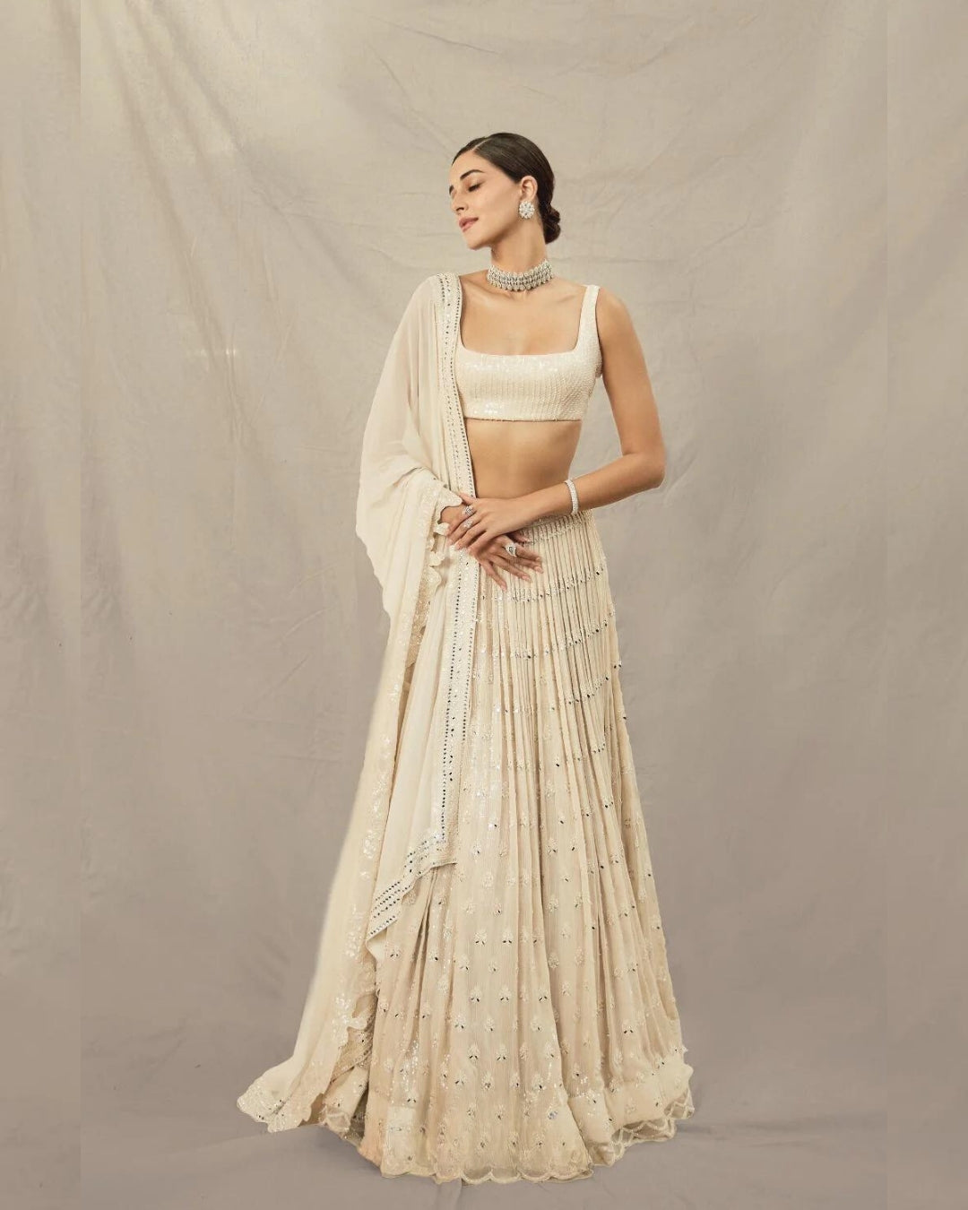 Ananya Panday Beige Paani Sequins Mirror Booti Lehenga | Glamorous Ethnic Wear