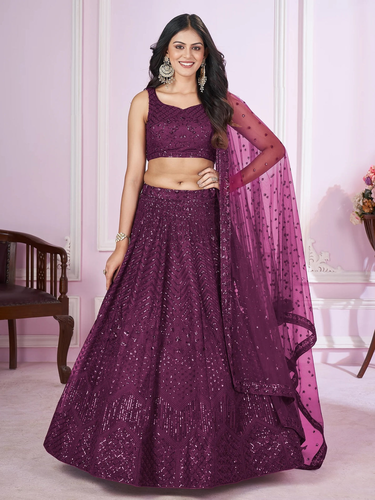 Gorgeous Purple Sequins Net Designer Lehenga Choli with Dupatta