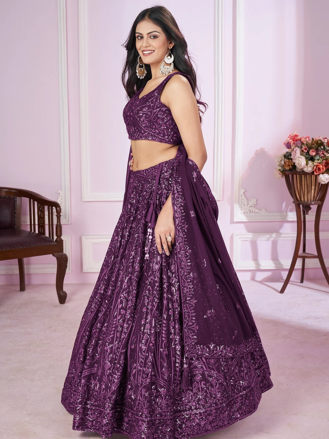 Beautiful Purple Sequins Georgette Wedding Lehenga Choli with Dupatta