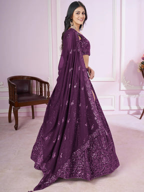 Beautiful Purple Sequins Georgette Wedding Lehenga Choli with Dupatta