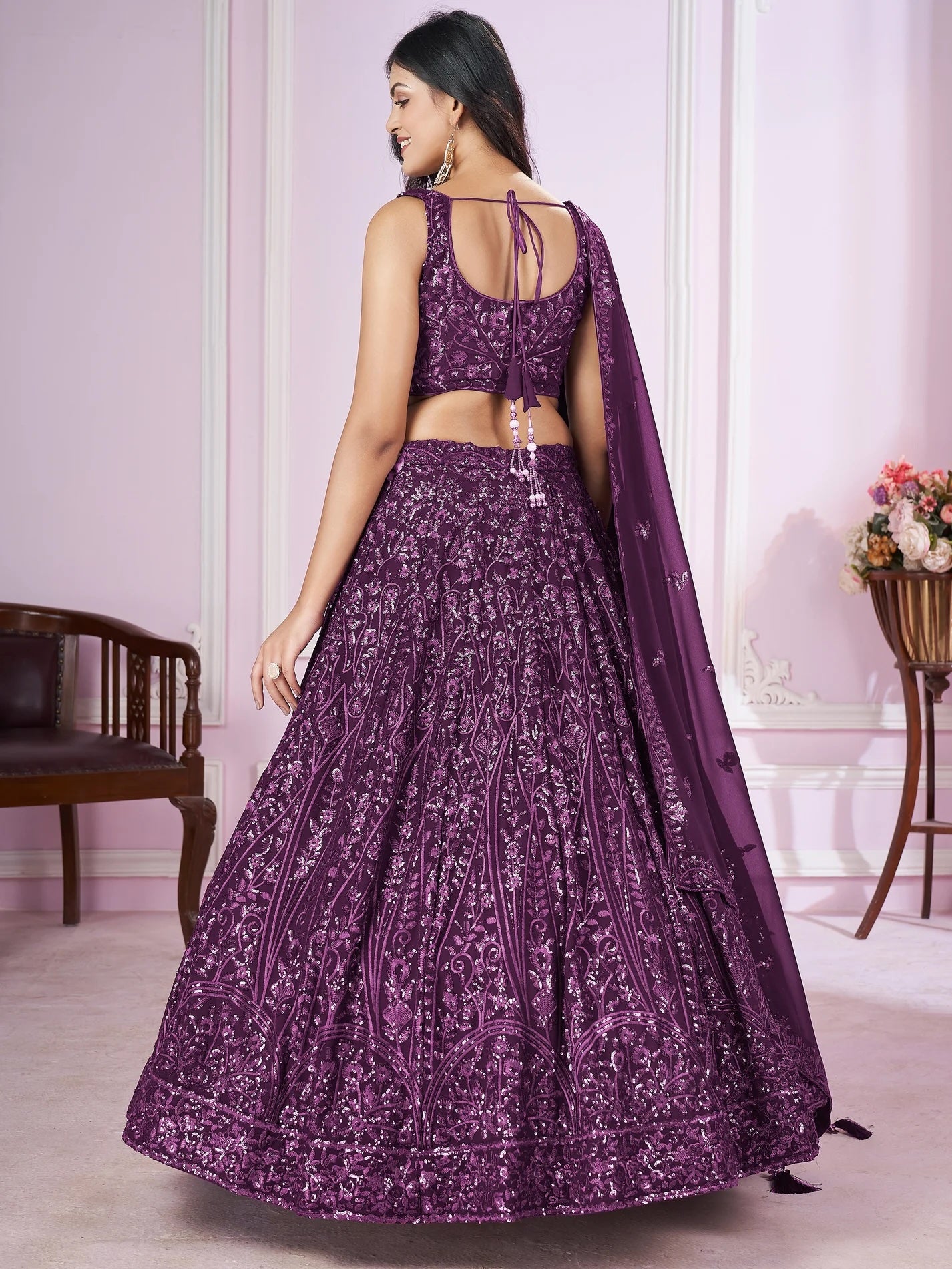 Beautiful Purple Sequins Georgette Wedding Lehenga Choli with Dupatta