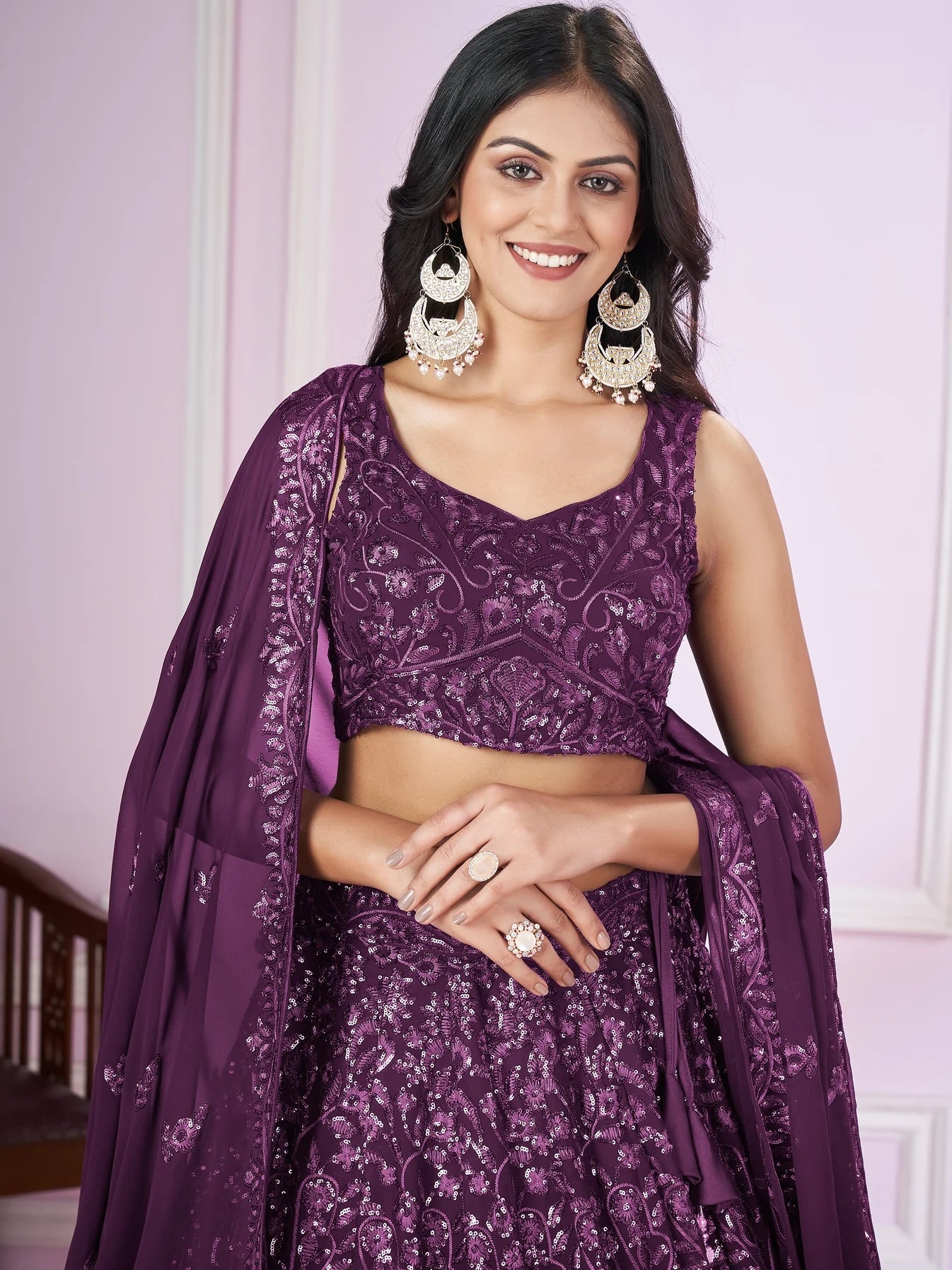 Beautiful Purple Sequins Georgette Wedding Lehenga Choli with Dupatta