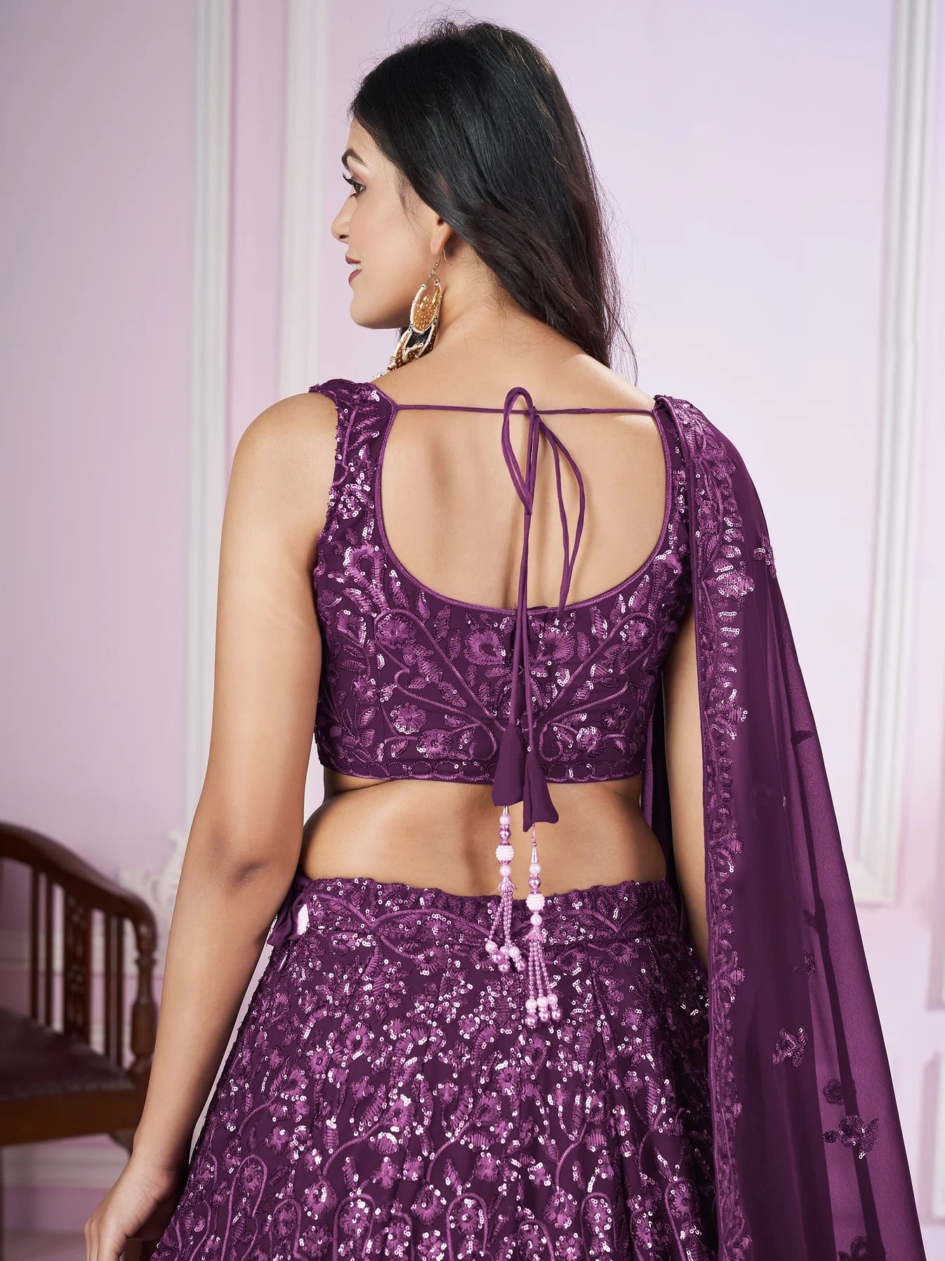 Beautiful Purple Sequins Georgette Wedding Lehenga Choli with Dupatta