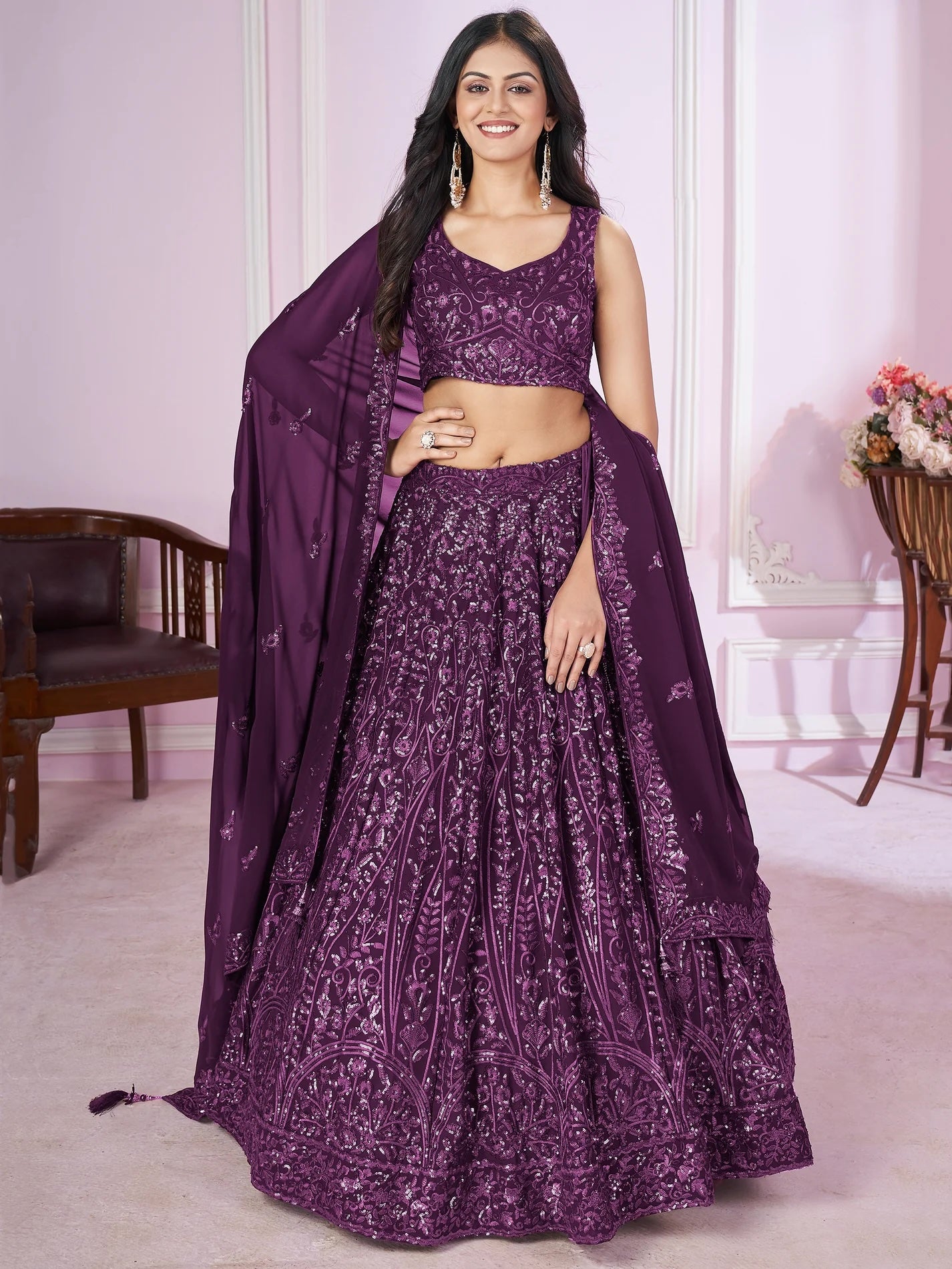 Beautiful Purple Sequins Georgette Wedding Lehenga Choli with Dupatta