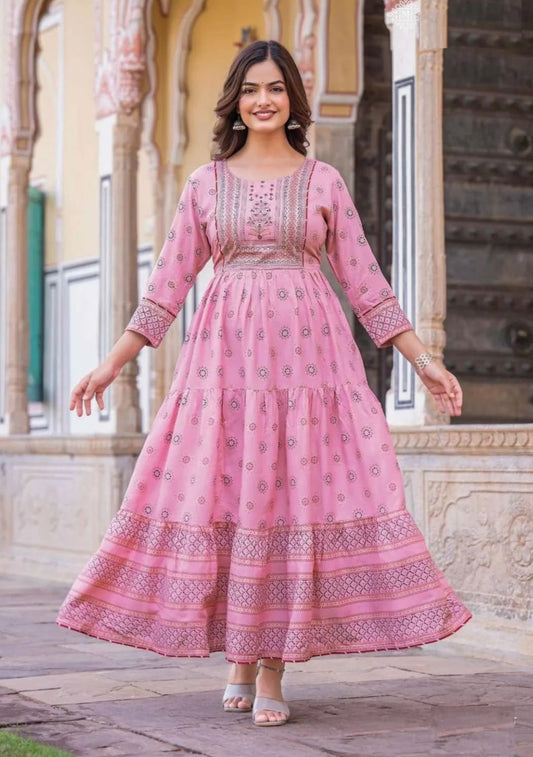 Good-Looking Light Pink Rayon Gown with Printed Hand Work