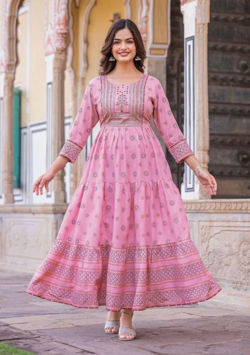 Good-Looking Light Pink Rayon Gown with Printed Hand Work