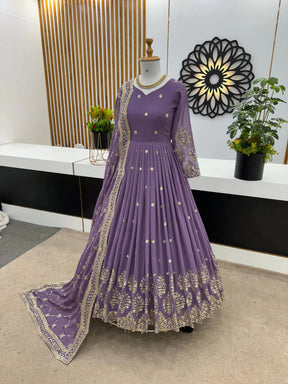 Graceful Light Purple Georgette Gown with Embroidery and Sequence Work