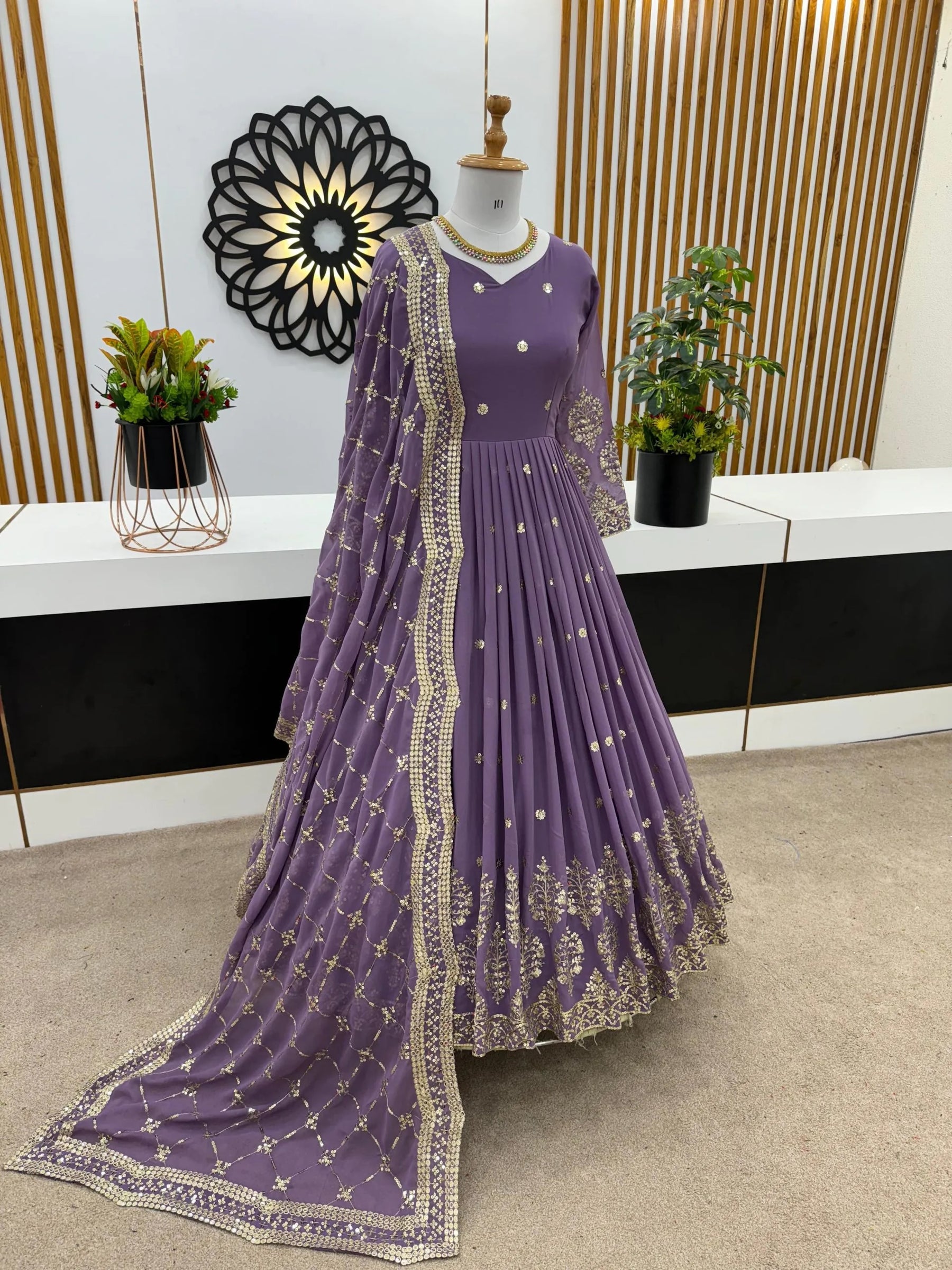 Graceful Light Purple Georgette Gown with Embroidery and Sequence Work