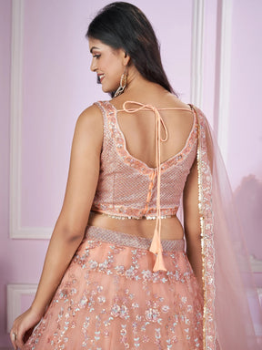 Stunning Peach Sequins Net Bridesmaid Lehenga Choli with Dupatta