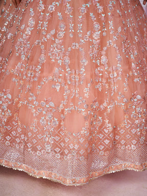 Stunning Peach Sequins Net Bridesmaid Lehenga Choli with Dupatta