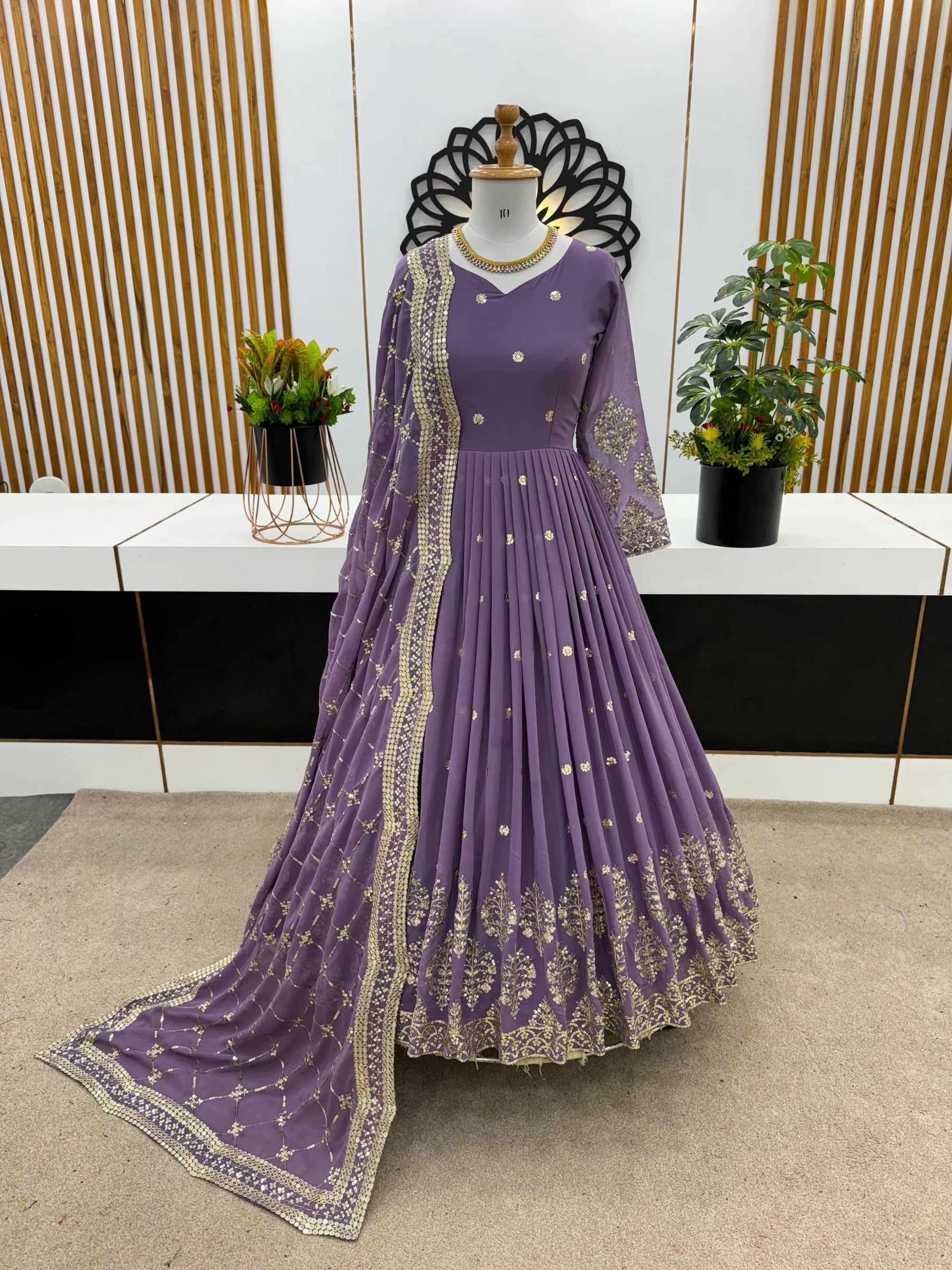 Graceful Light Purple Georgette Gown with Embroidery and Sequence Work