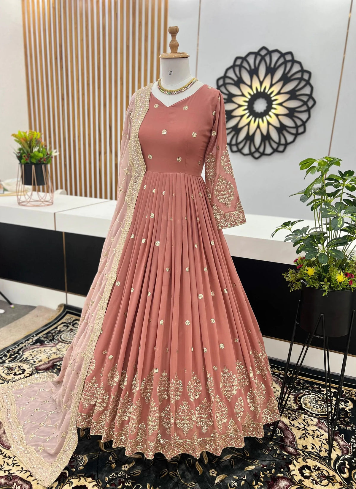 Graceful Peach Georgette Gown with Embroidery and Sequence Work