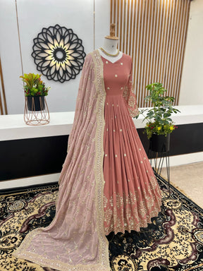 Graceful Peach Georgette Gown with Embroidery and Sequence Work