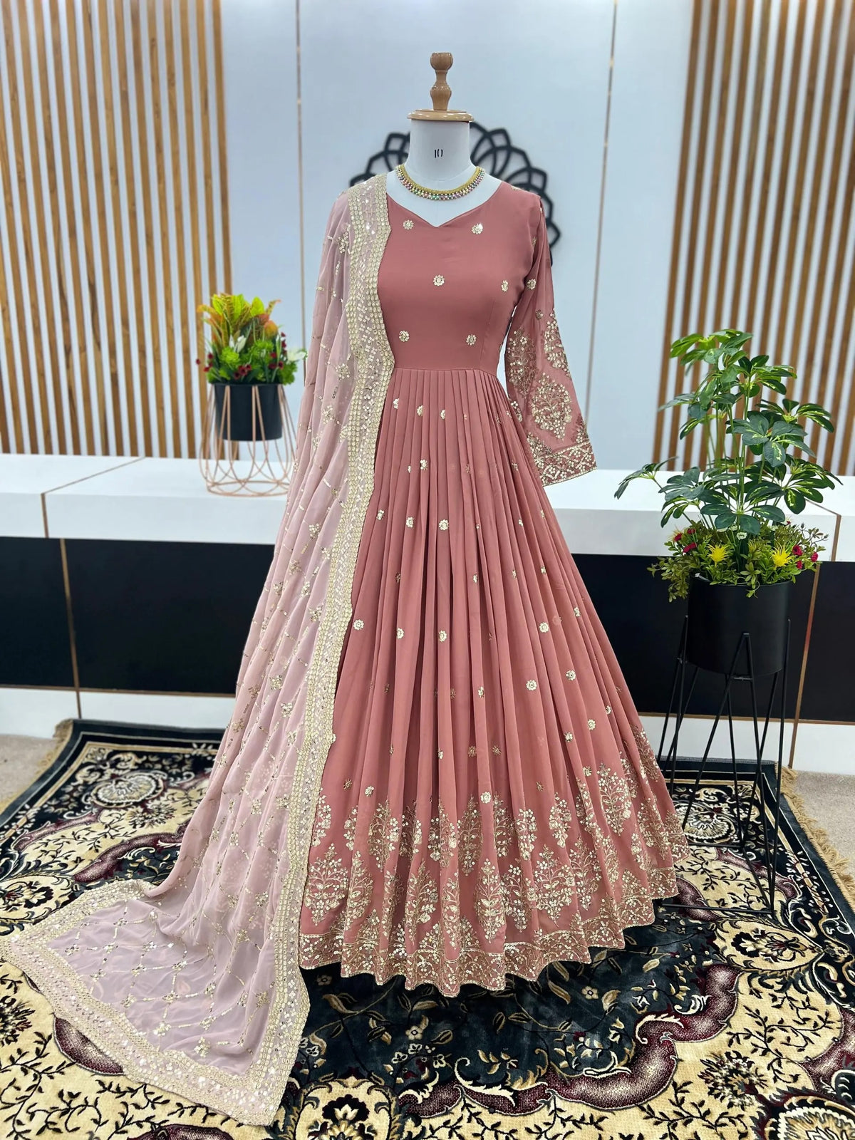 Graceful Peach Georgette Gown with Embroidery and Sequence Work