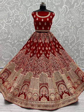 Precious Red Embroidered Velvet Bridal Lehenga Choli with Dupatta