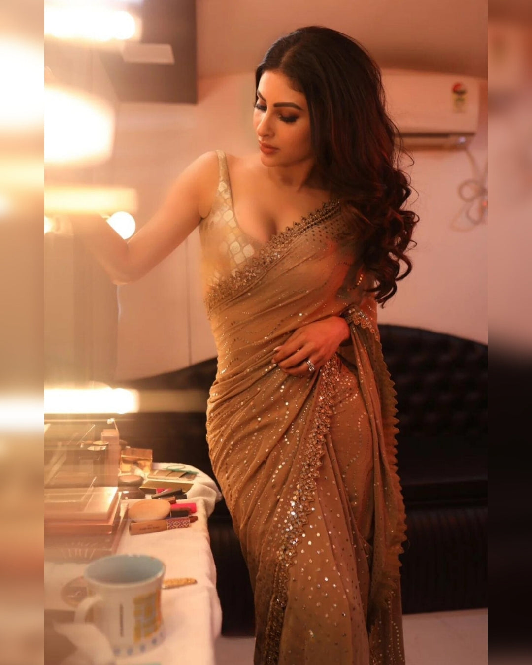 Mouni Roy Golden Mukaish Saree | Elegant and Radiant Ethnic Wear