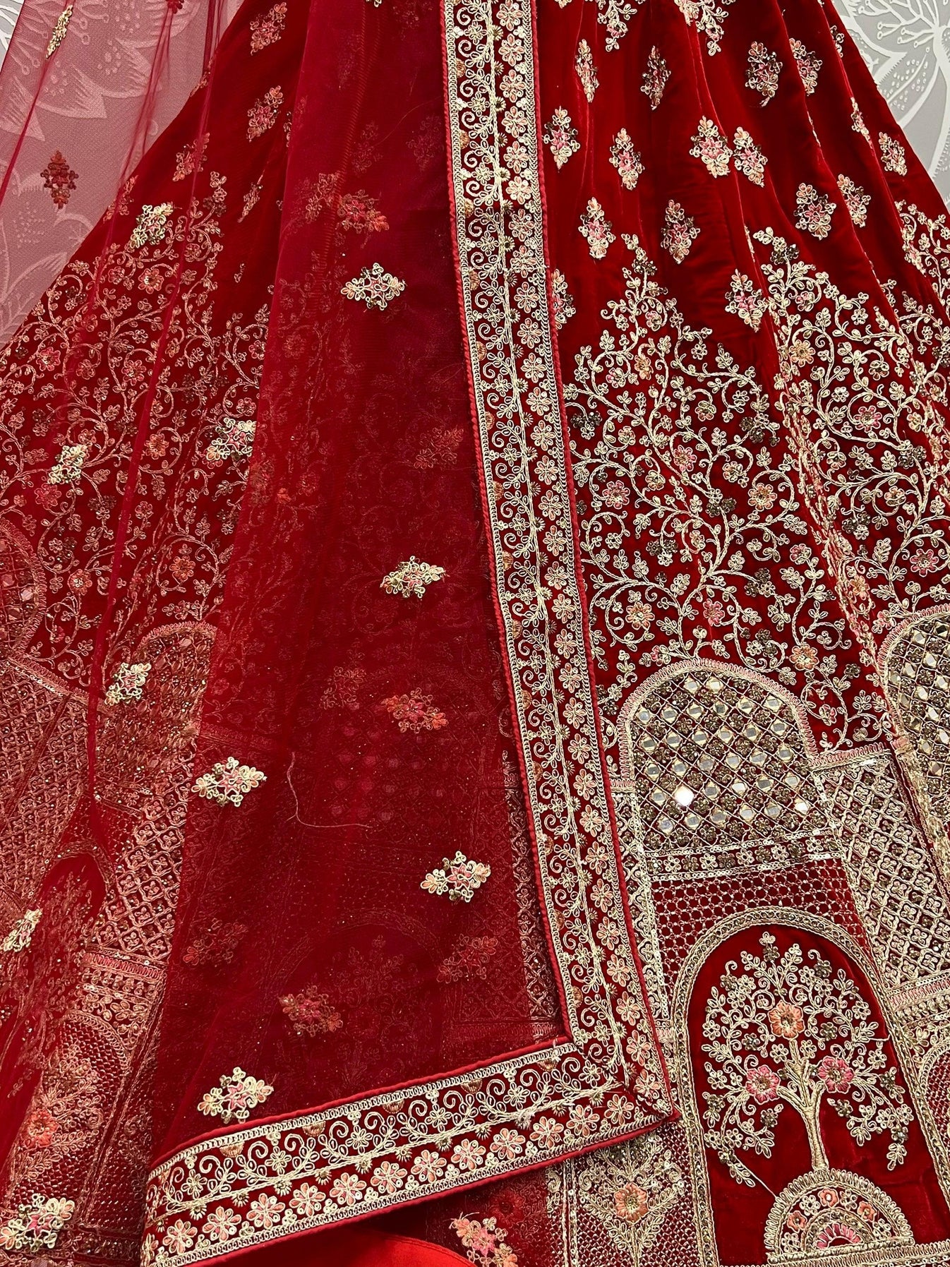 Precious Red Embroidered Velvet Bridal Lehenga Choli with Dupatta