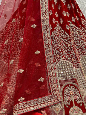 Precious Red Embroidered Velvet Bridal Lehenga Choli with Dupatta