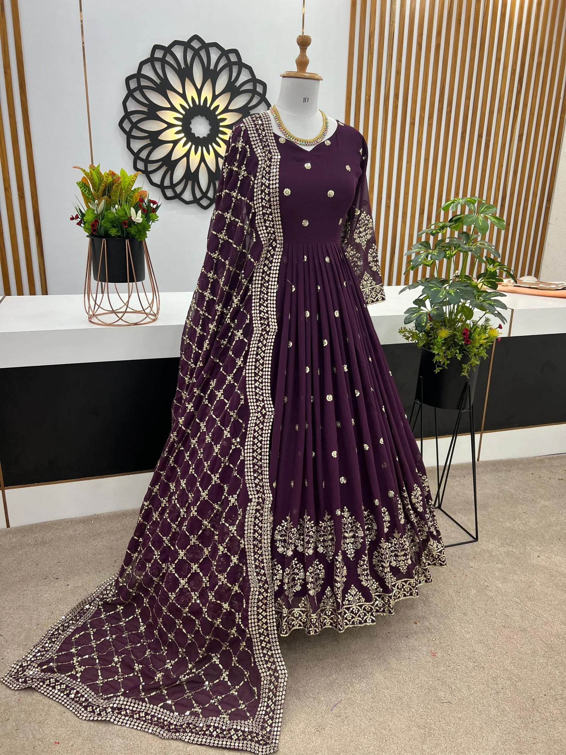 Graceful Violet Georgette Gown with Embroidery and Sequence Work