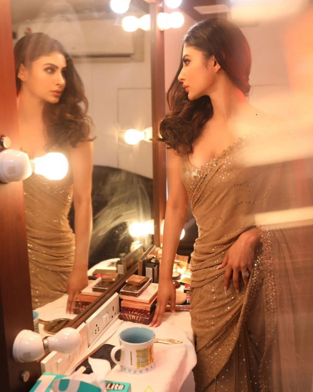 Mouni Roy Golden Mukaish Saree | Elegant and Radiant Ethnic Wear