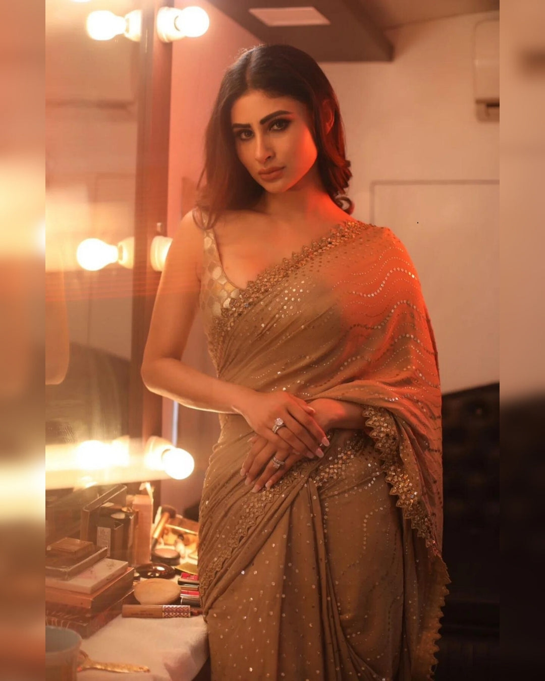 Mouni Roy Golden Mukaish Saree | Elegant and Radiant Ethnic Wear