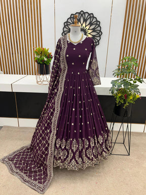 Graceful Violet Georgette Gown with Embroidery and Sequence Work