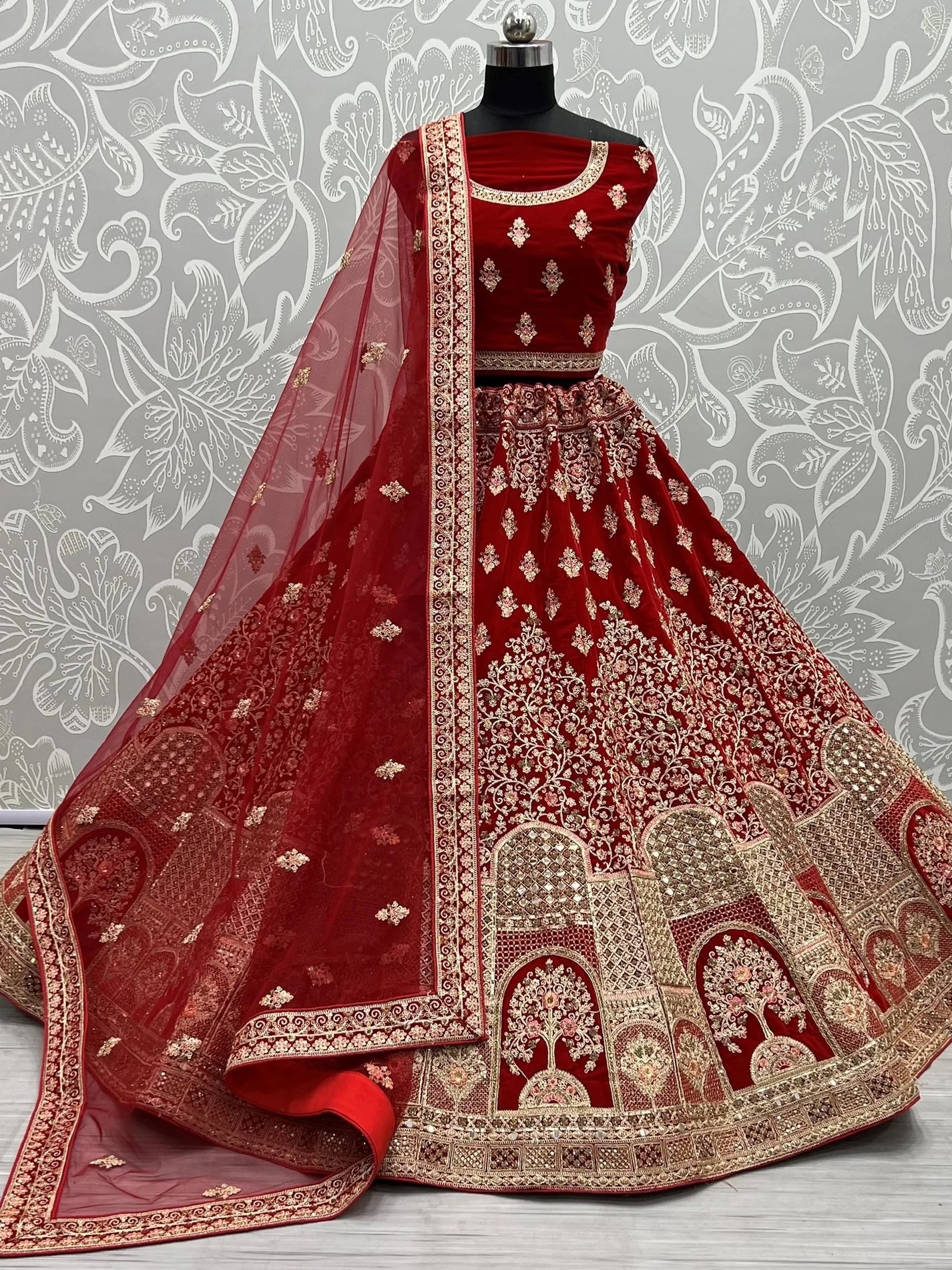 Precious Red Embroidered Velvet Bridal Lehenga Choli with Dupatta