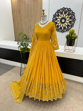 Graceful Yellow Georgette Gown with Embroidery and Sequence Work