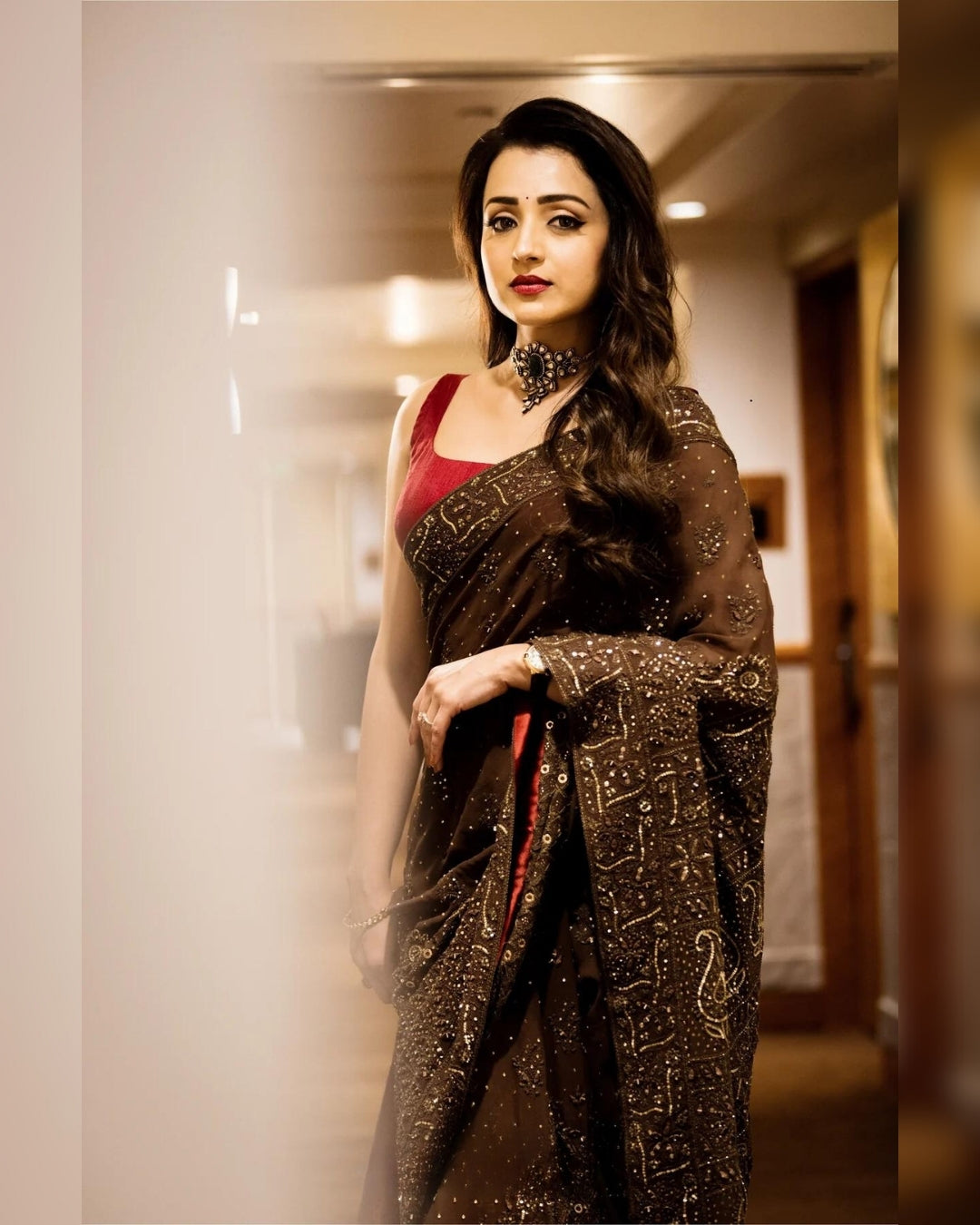 Trisha Krishnan Coffee Chikankari Saree | Elegant and Timeless Ethnic Wear