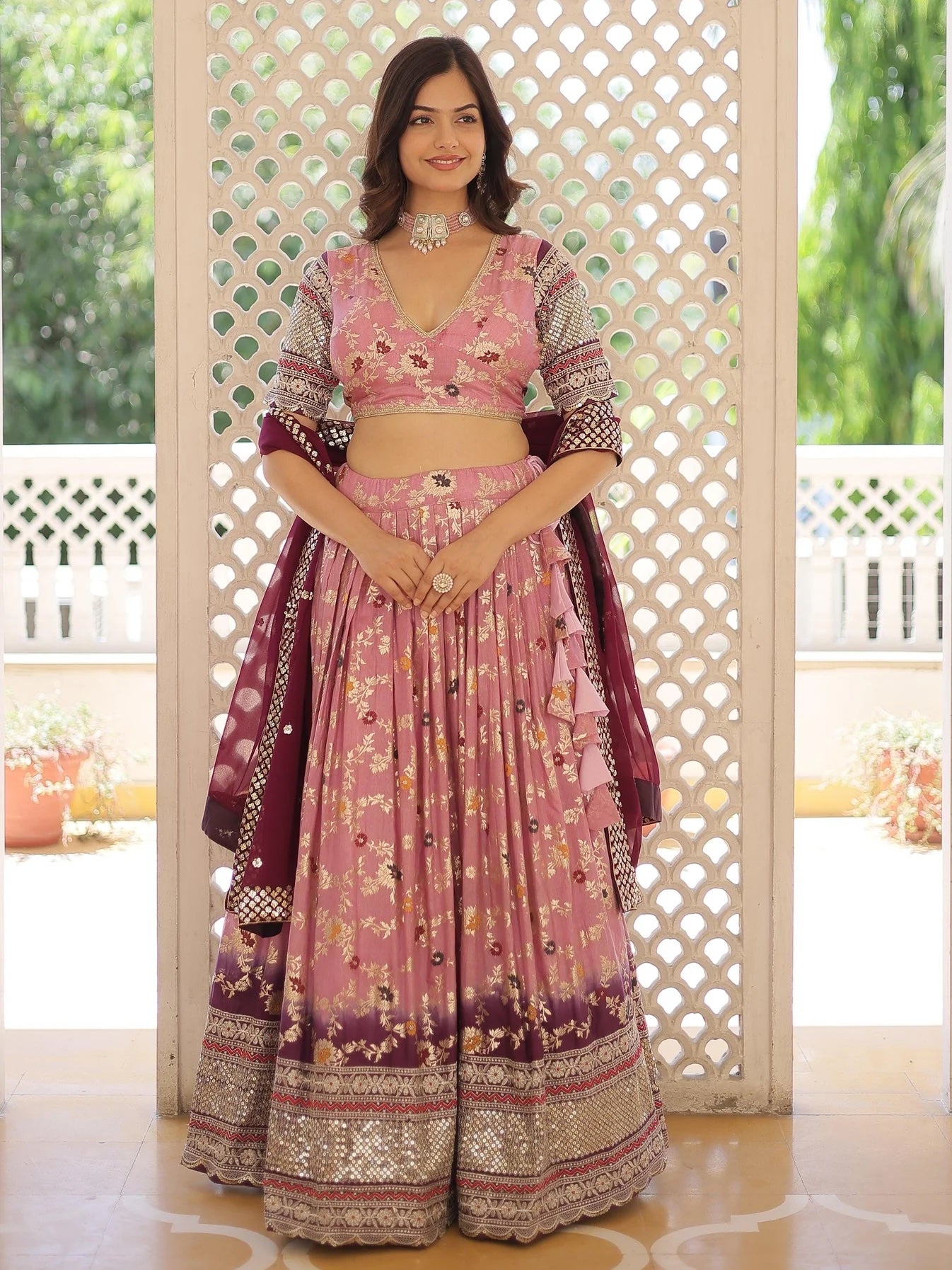 Attractive Pink Embroidered Jacquard Sangeet Wear Lehenga Choli