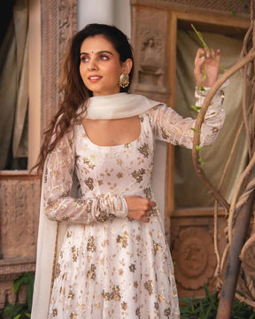 Superb White Georgette Gown with Embroidery and Sequence Work