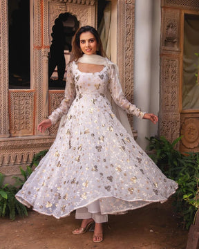 Superb White Georgette Gown with Embroidery and Sequence Work