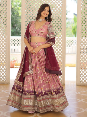 Attractive Pink Embroidered Jacquard Sangeet Wear Lehenga Choli