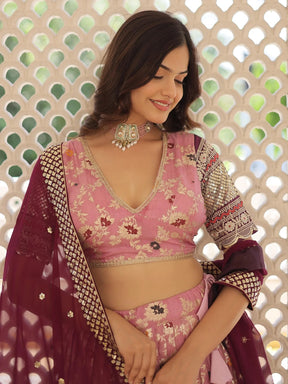 Attractive Pink Embroidered Jacquard Sangeet Wear Lehenga Choli