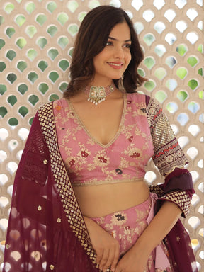 Attractive Pink Embroidered Jacquard Sangeet Wear Lehenga Choli