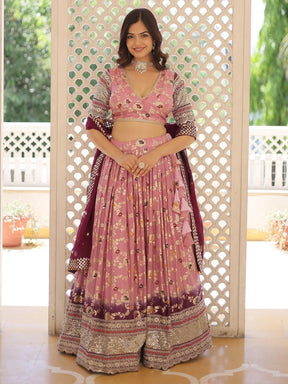 Attractive Pink Embroidered Jacquard Sangeet Wear Lehenga Choli